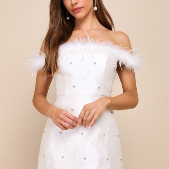 Lulus Charming Always Ivory Floral Jacquard Feather Mini Dress White - Size L - Picture 2 of 3